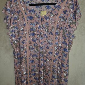 Cynthia Rowley Dusty Rose Floral Flutter-Sleeve Blouse